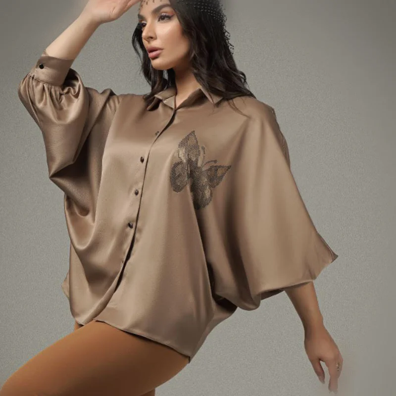 شومیز مجلسی ساتن نگین دار کد 3232 رنگ بژ