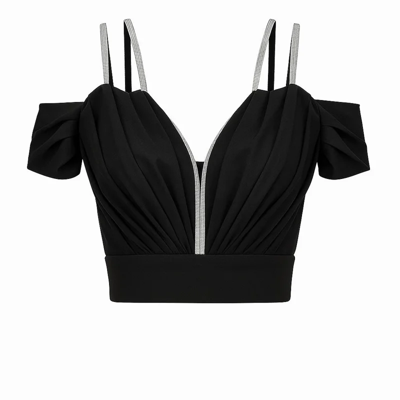 کراپ زنانه مجلسی نگین دوزی کد ce390 مشکی