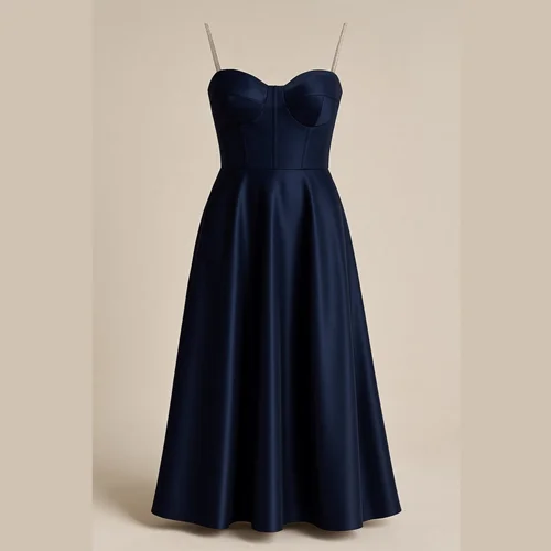 پیراهن ماکسی دکلته 3258 سرمه ای بند نگین دار