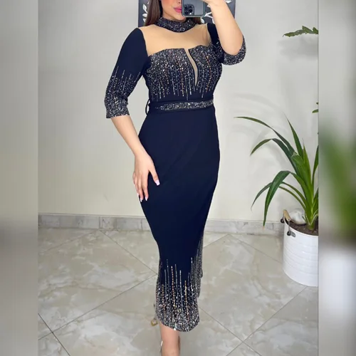 پیراهن مجلسی قواره بزرگ کار شده کد 2118 مشکی