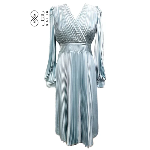 پیراهن مجلسی زنانه ساتن پلیسه کد 10102 آبی روشن