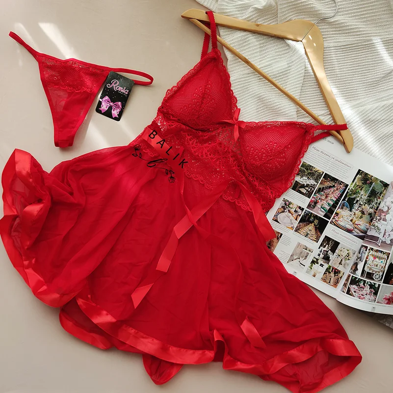 لباس خواب زنانه توری کاپدار کد 820 قرمز