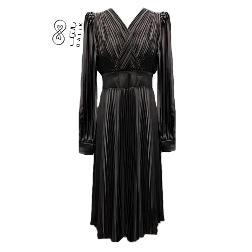 پیراهن مجلسی زنانه ساتن پلیسه کد 10102 مشکی