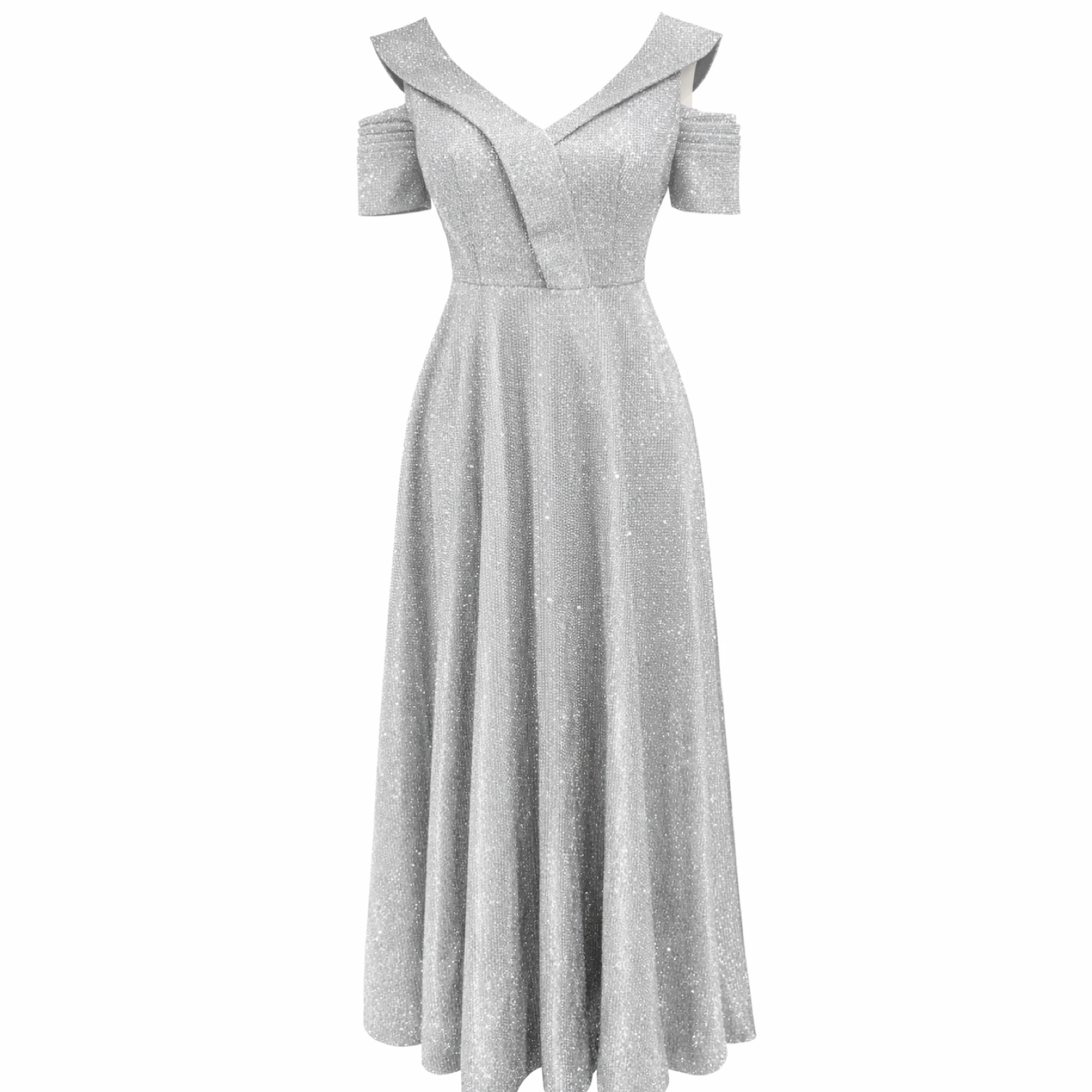 پیراهن مجلسی ماکسی شاین آف شولدر کد 252 نقره ای